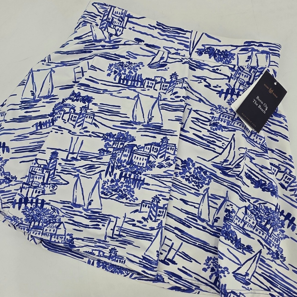 MAHI GOLD SKORT WOMENS SMALL BLUE WHITE NAUTICAL SAILBOAT AOP PERFORMANCE NEW!